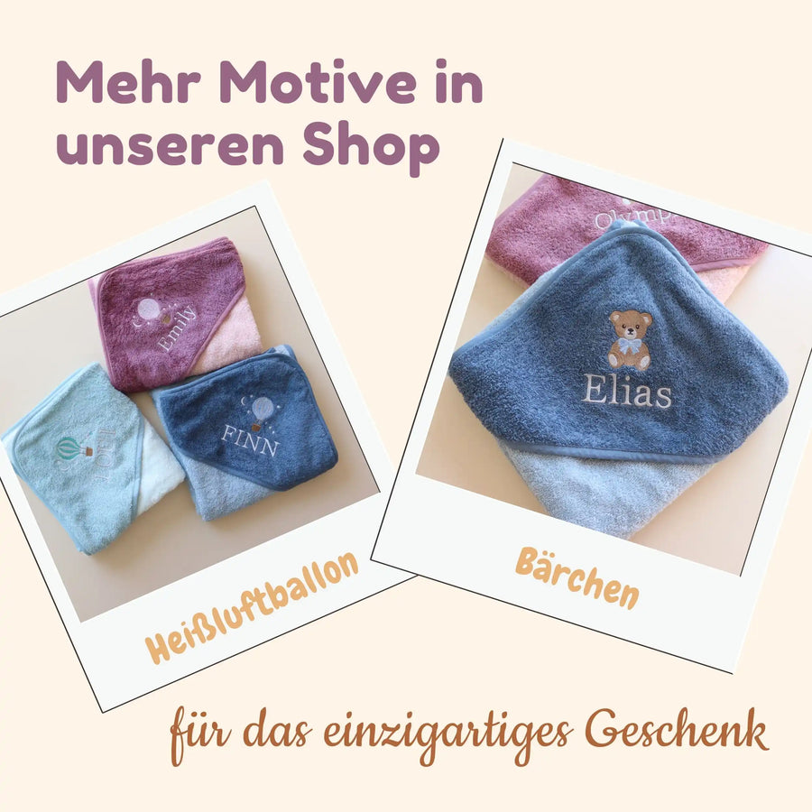 Kapuzenhandtuch mit Namen – weitere Motive im Shop: Heißluftballon und Bärchen