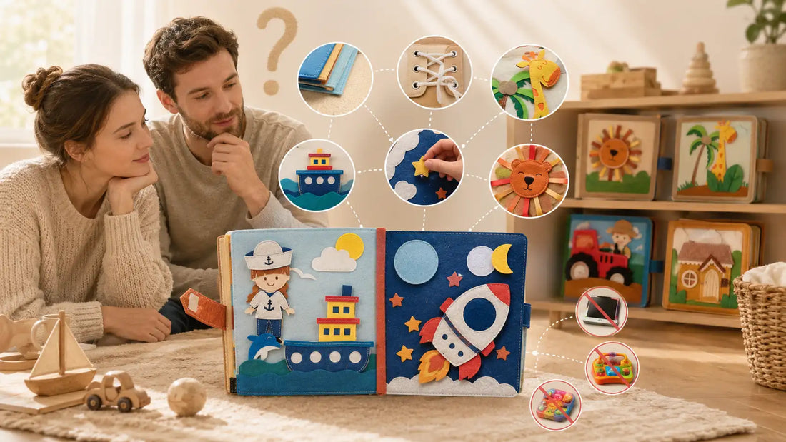 Quiet book for babies and toddlers used as a screen-free travel toy