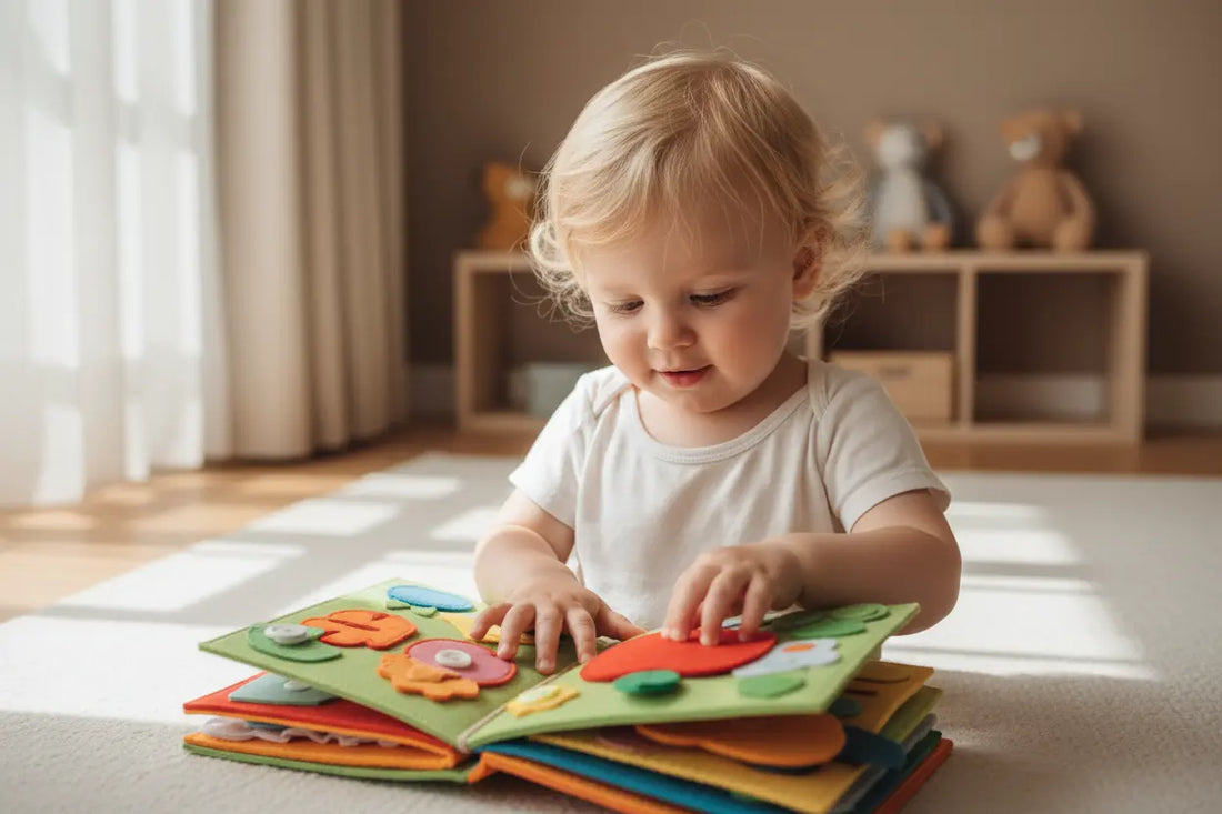 Boy 1 year old playing felt quiet book