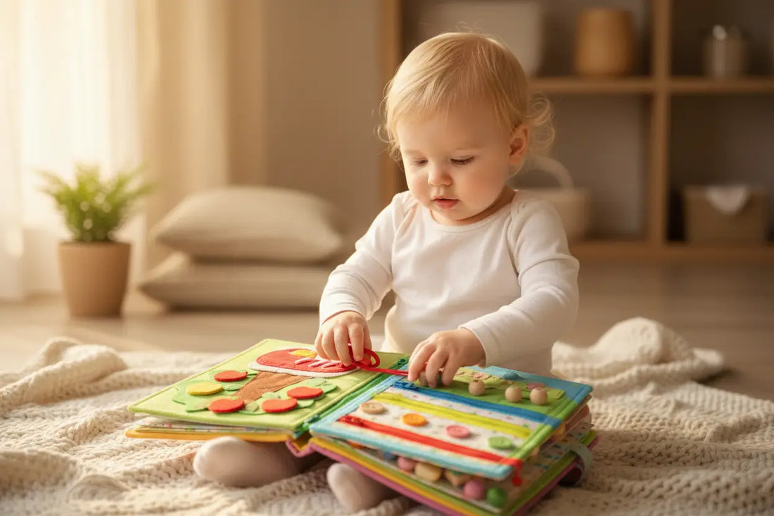 Portrait baby playing with felt quiet book
