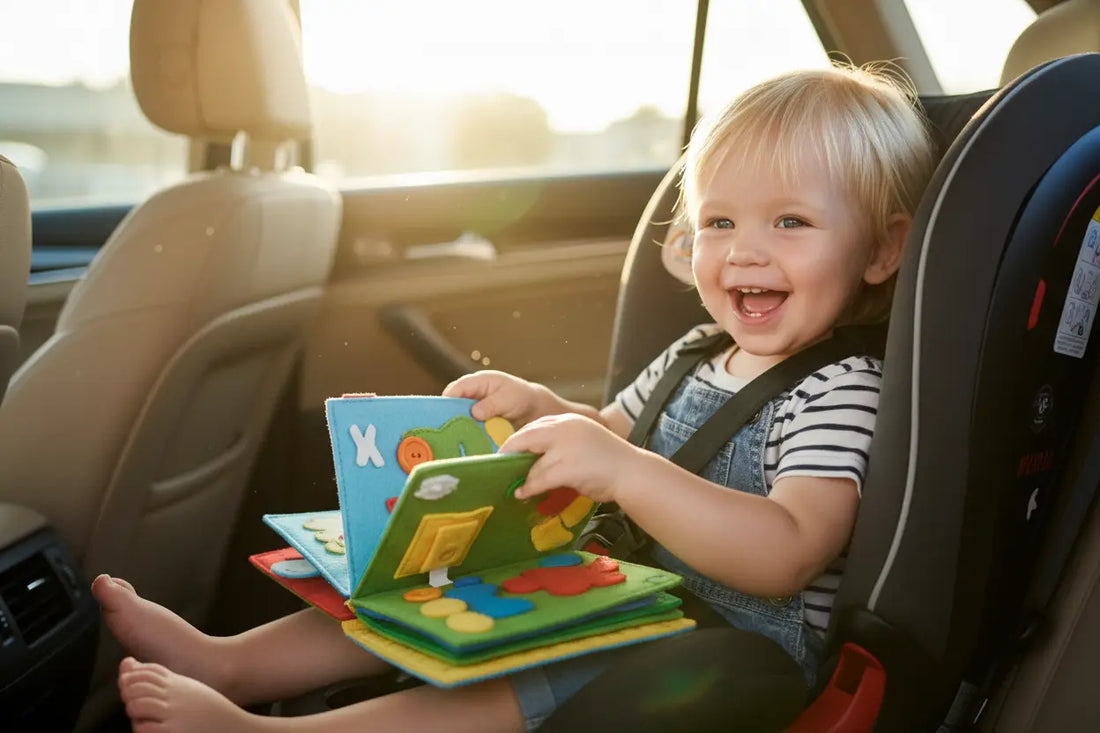Kid playing Habi Kids felt quiet book while travelling with car